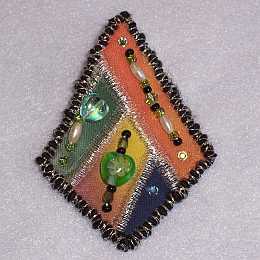 Orange, Green, Blue Diamond Beaded art Quilt Pin, Pendant, Sue Andrus